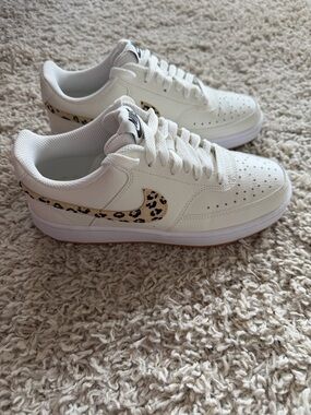 Nike Women’s White Sneakers with Leopard-Print Swoosh Court Vision